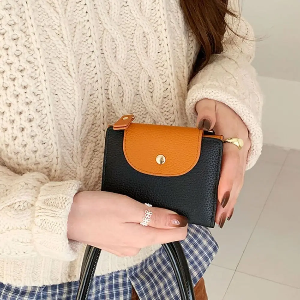 Zipper Contrast Color Wallet Snap Button Solid Color Solid Color Coin Purse Storage Bag Wallets PU Card Holder Travel