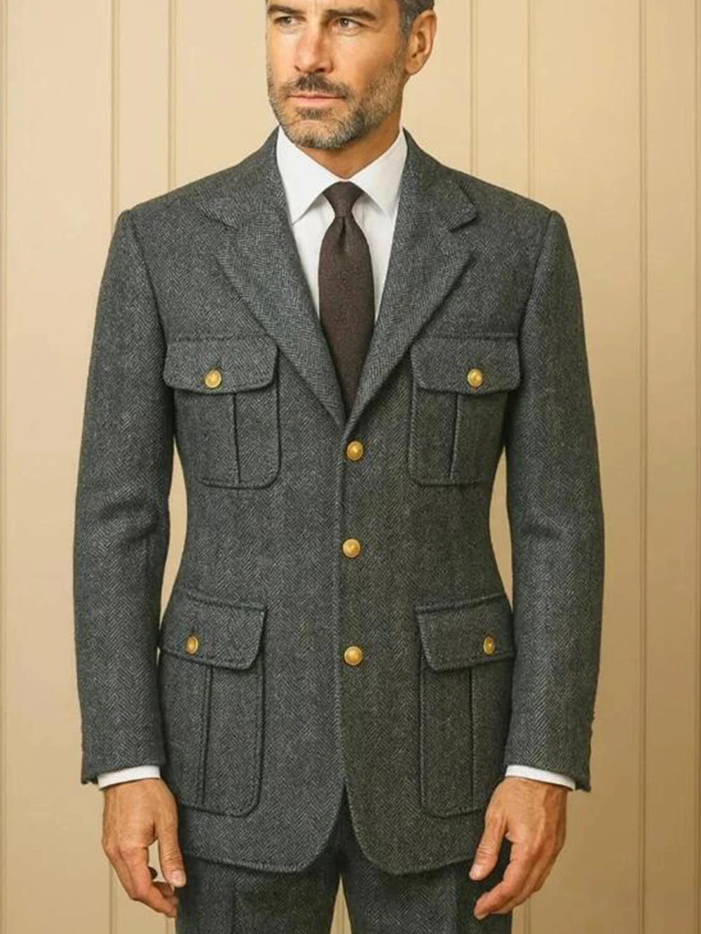 그레이 헤링본 수트 남성 2피스 세트 사파리 스타일 재 - Safari Outdoor Hunting Jackets 리뷰 및 가격