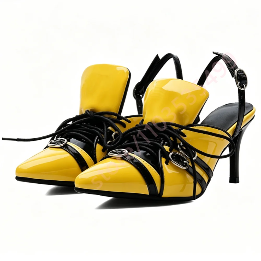 

2026 Yellow Black Color Block Patent Slingback Pumps Women Pointed Toe Lace Up Thin Stiletto Heel Fashion Evening Party Heels