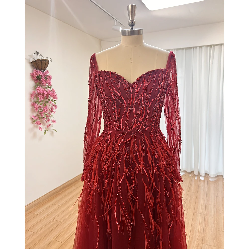 Elegant Burgundy Feather Evening Night Dress for Women 2024 V Neck Beads Handmade Side Slit Aline Formal Wedding Prom Party Gown