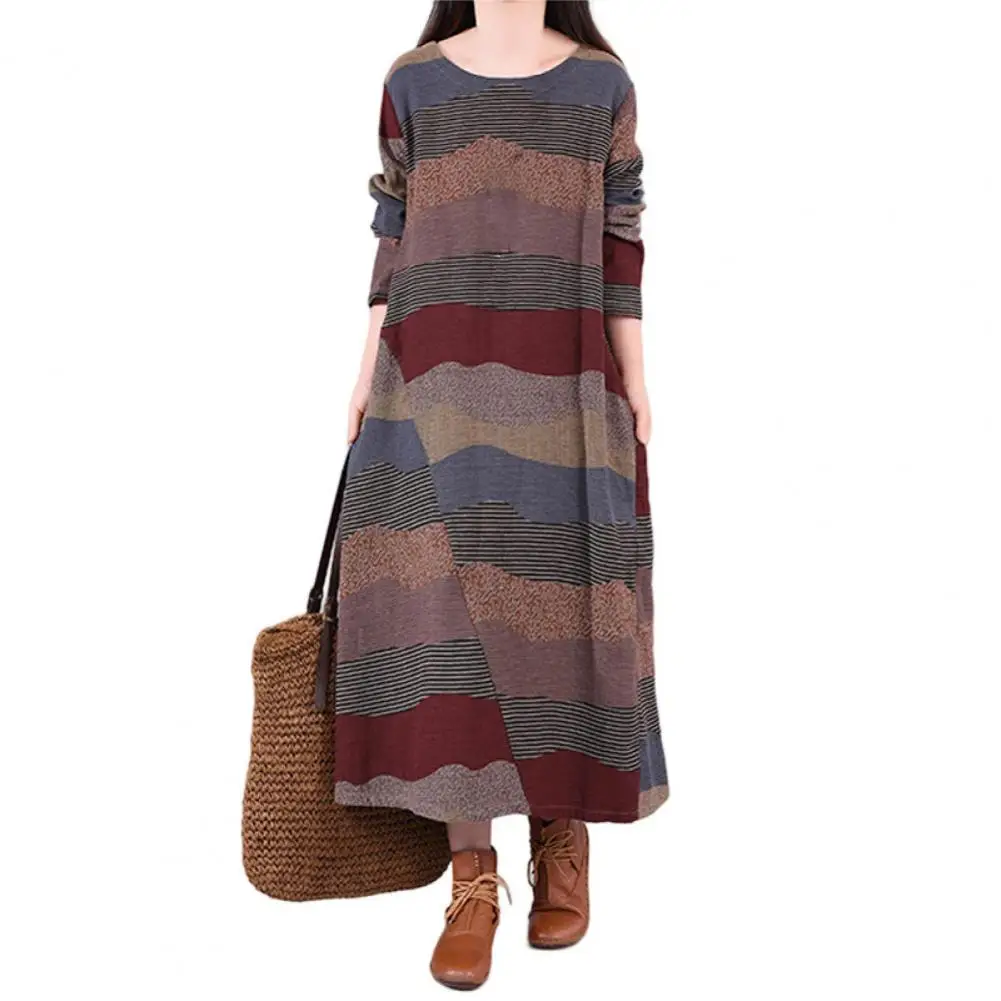 O-Neck Long Sleeve Pullover Women Dress Autumn Winter Striped Contrast Color Loose Maxi Dress Daily Clothing