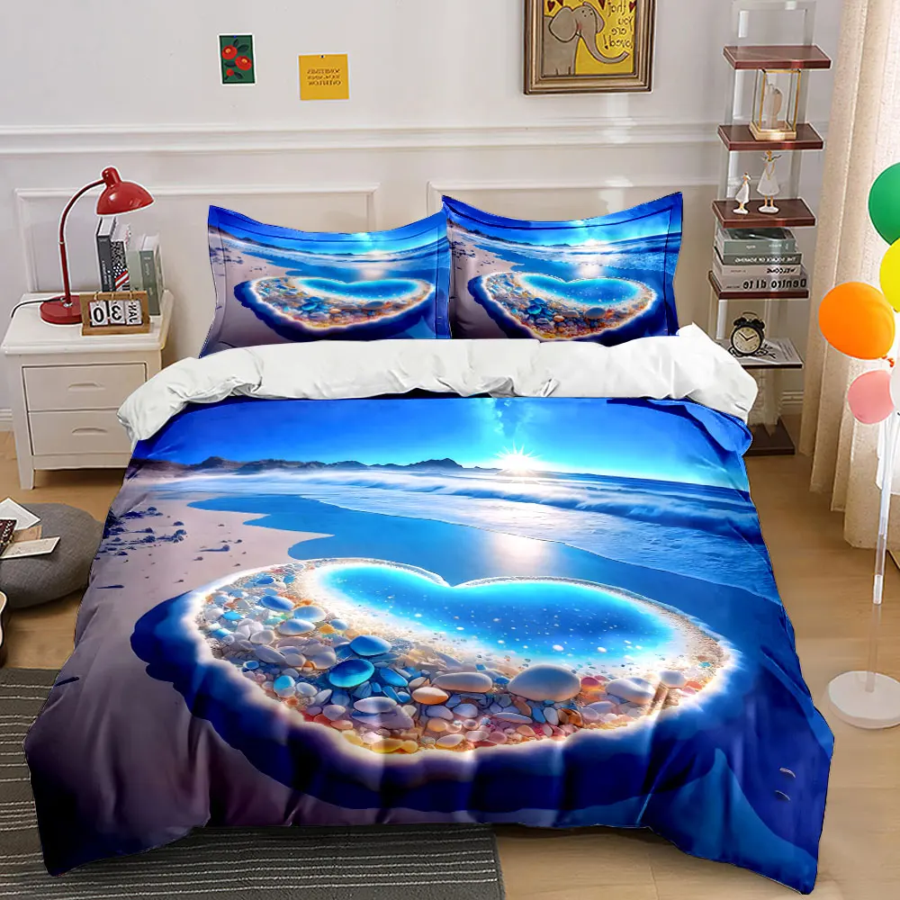Dreamy Beach Heart-shaped Pool Pattern Duvet Cover Set Digital Print Colorful Polyester Bedding with Zipper Closur for kids gift