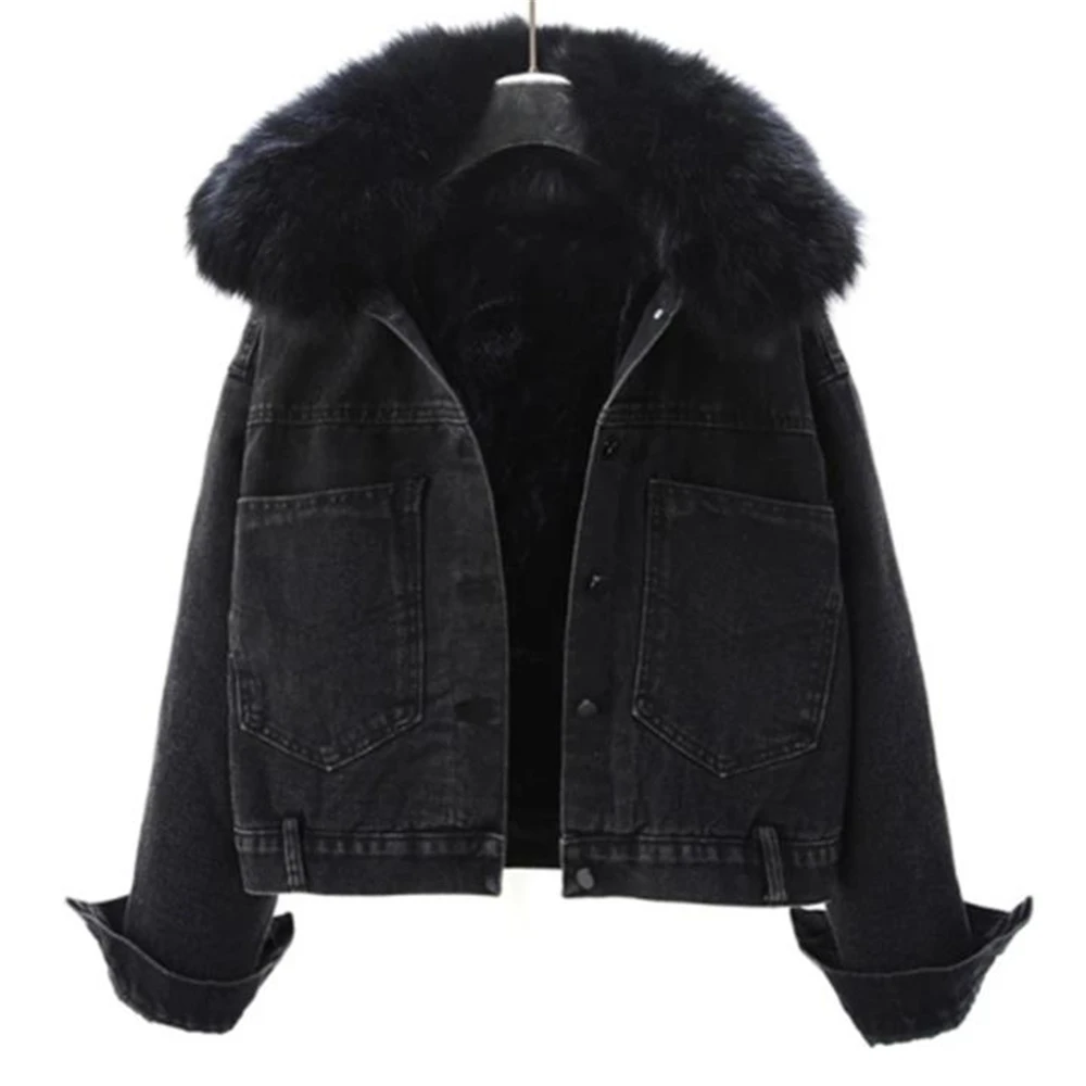 High Street Outerwear Thicken Coat High Quality Luxury Design Party Wear Winter Women Denim Coat Jacket Short  Fox Collar Warm