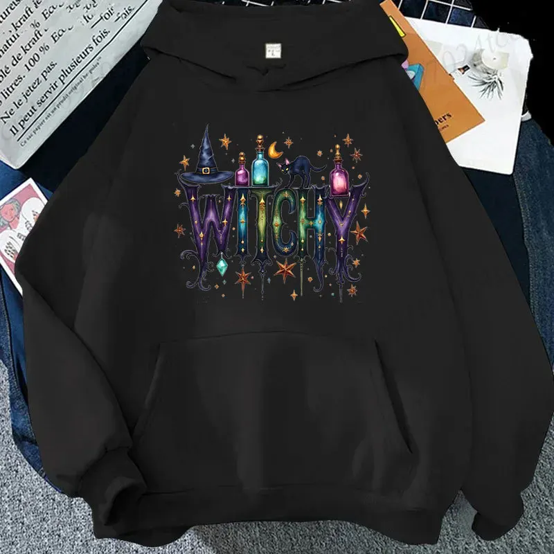 Women's Witchy Graphic Hoodies Halloween Witch Hat Black Cat Moon Sweatshirts Casual Witch Party Tracksuits Spook Season Shirts