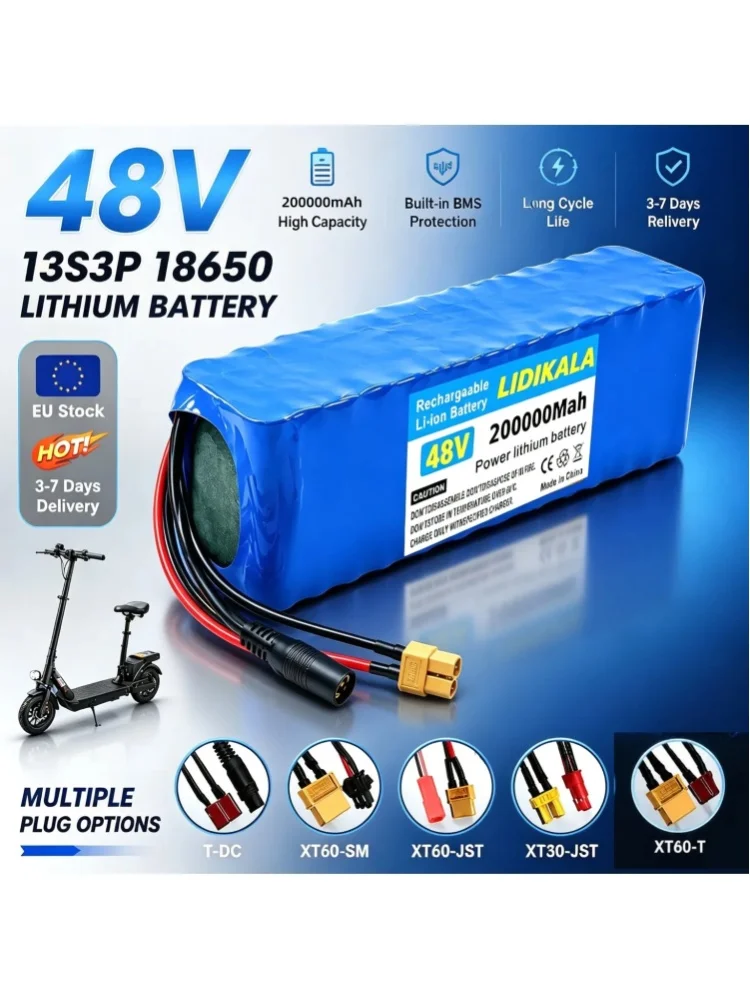 EU-Lagerbestand, 3-7 Tage schnelle Lieferung, 48V 200000mAh 13S3P 18650 Lithium-Ionen-Akku mit integriertem BMS-Sicherheitsschutz, wiederaufladbarer Lithium-Akku für Elektroroller, faltbares E-Bike,