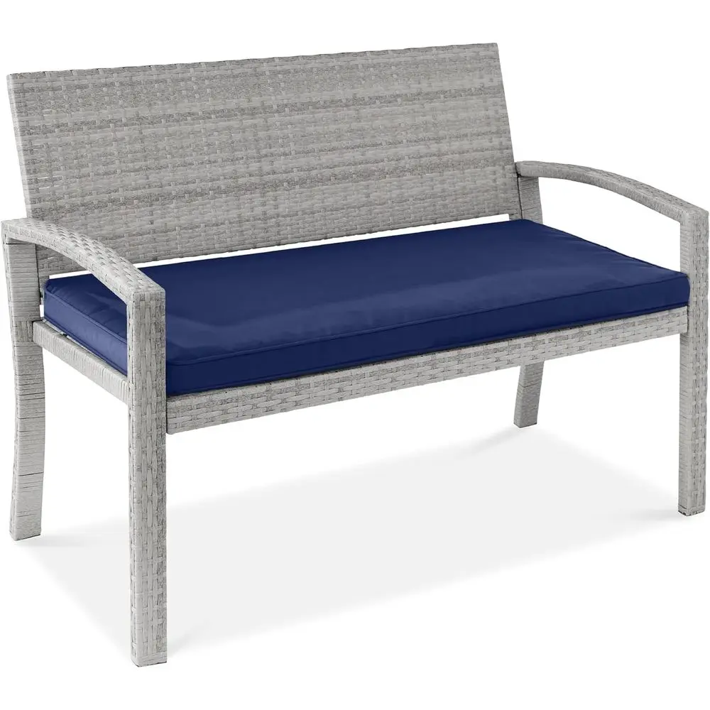 

2-Person Outdoor Wicker Patio Bench with Seat Cushion, 700lb Capacity - Gray/Navy