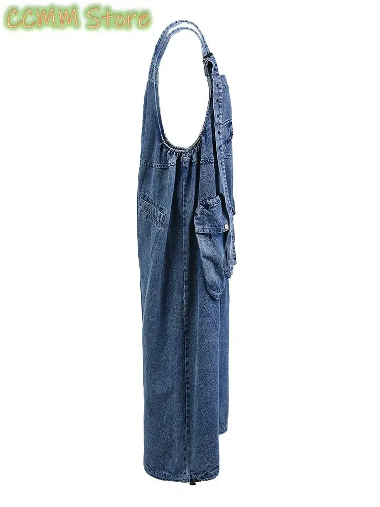 High Waist Blue Pocket Big Size Denim Overalls Trousers New Loose Fit Pants Women Fashion Tide Spring Autumn