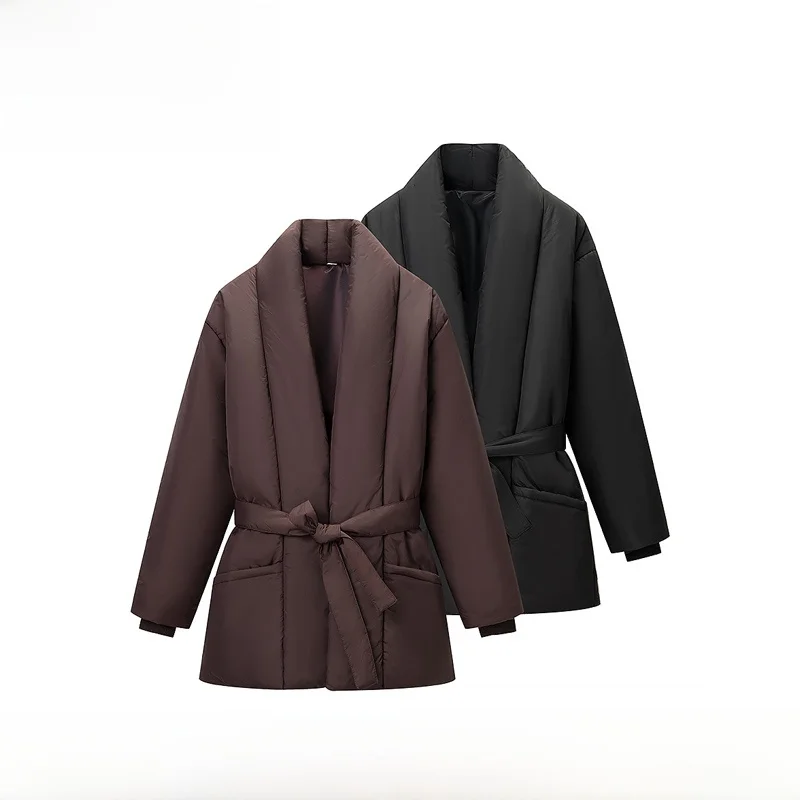 

EVEA New Women's Faion Street Sle Loose Warm Pure Color Belted Cotton Coat Autumn Winter Online Exclusive S V-Ne Lon...