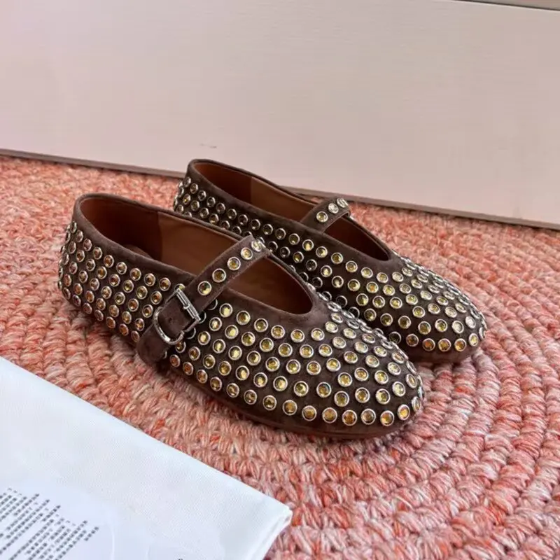Designer Brand Original Water Diamond Ballet Shoes Retro Suede One Button Flat Shoes Mary Jane Single Shoes