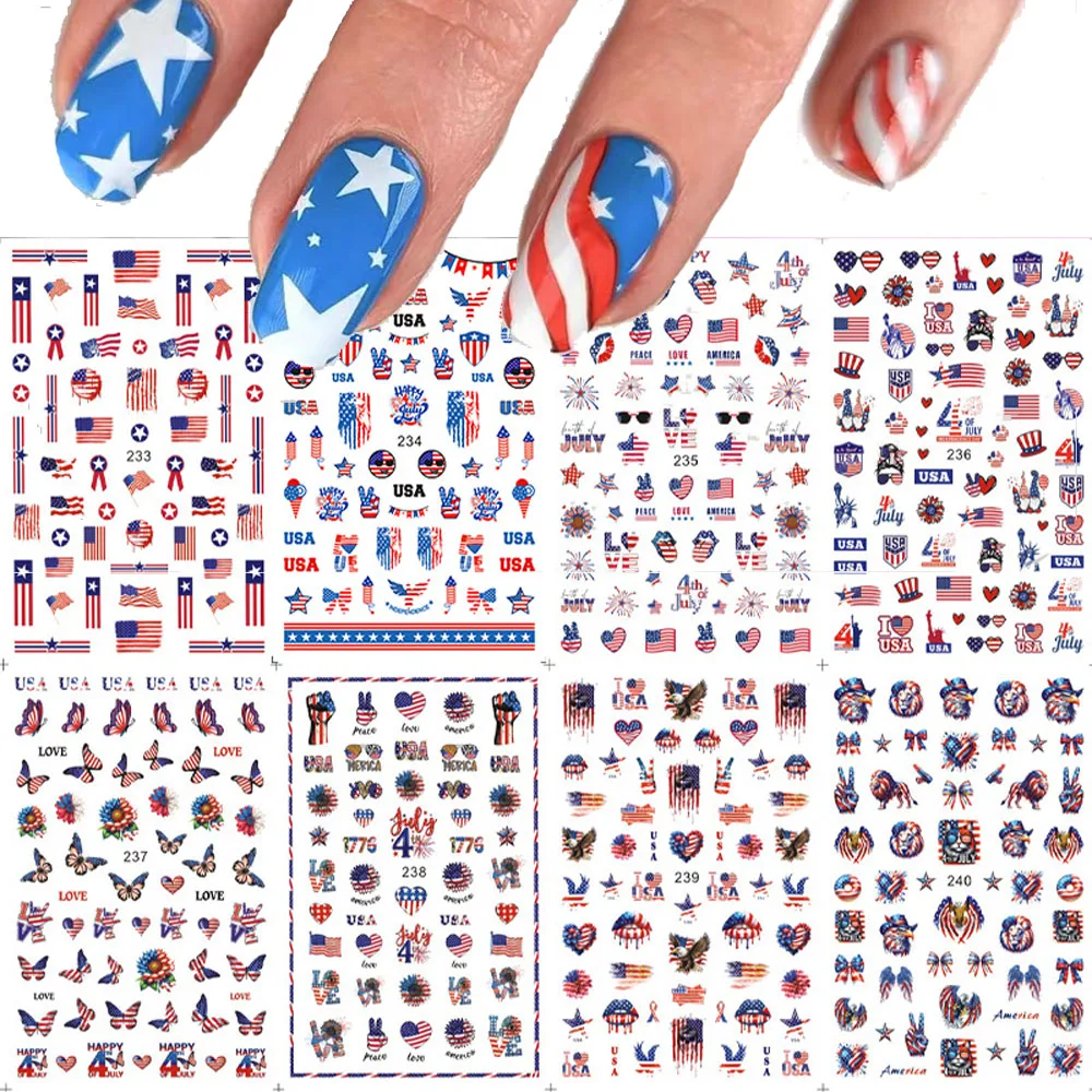 1 pièces 3D jour de l'indépendance drapeaux américains conception autocollants pour ongles auto-adhésif drapeaux américains décalcomanie pour ongles bricolage manucure drapeaux américains curseur