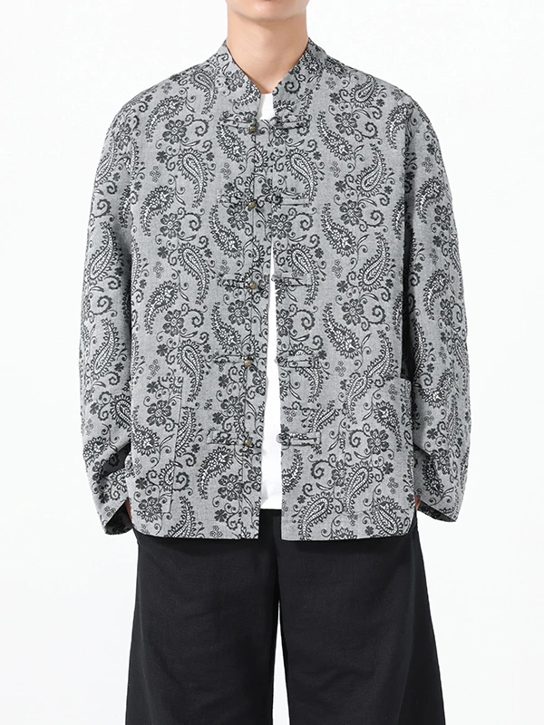 

Autumn Winter Men's Printed Windbreaker Jaet Retro Stand Collar Loose Zen Tea Clothing Outerwear Chinese Sle Cotton Blend