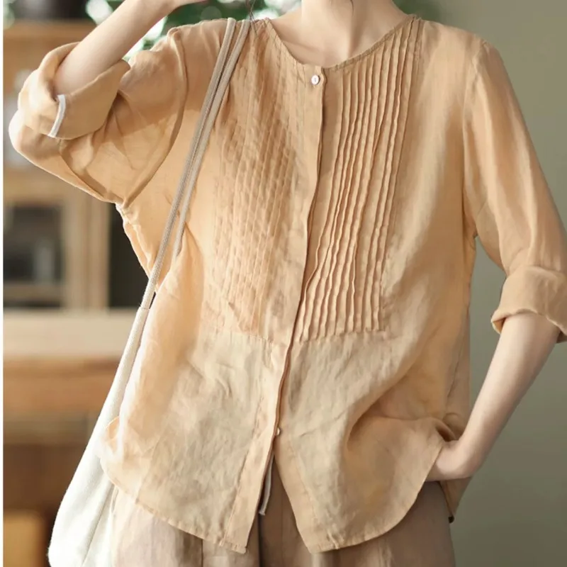 Women's Spring Summer Round Neck Button Solid Pleated Chiffon Long Sleeve Cardigan Shirt Coats Casual Fashion Elegant Tops