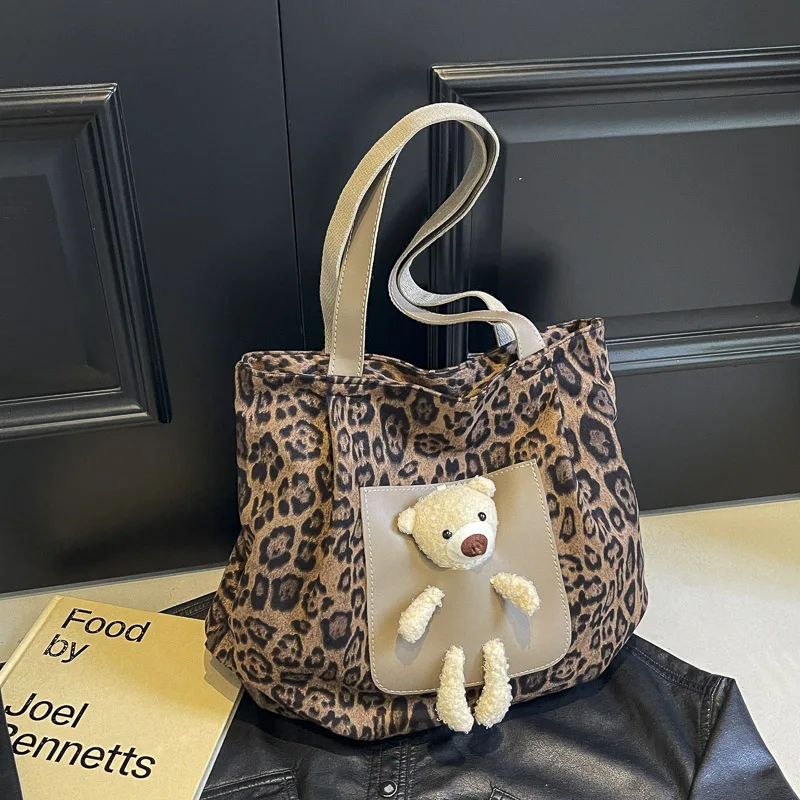 Fashion Women’s Leopard Print Cloth Handbag Cute Teddy Bear Decoration Ma'am Shoulder Bag Large Capacity Brand Shopping Tote Bag