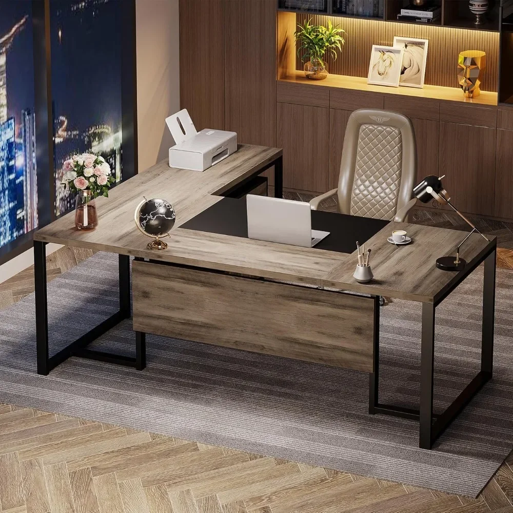 Tri-Shaped Executive Desk with Drawer Cabinet, Large Executive Office Desk with Separate File Cabinet