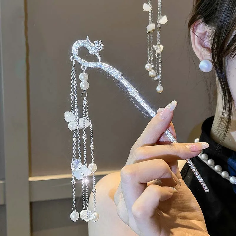 

New Chinese Style Phoenix Tassel Hair Stick for Women Vintage Metal Pearl Hanfu Chopsticks Hairpin Hair Accessories Hair Pin