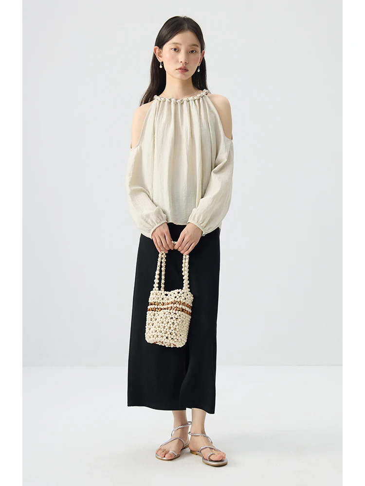 ZIQIAO French Style Linen Material Off-shoulder Women Shirt 2024 Summer New Unique Design Halter Neck Female Top 24ZQ92282