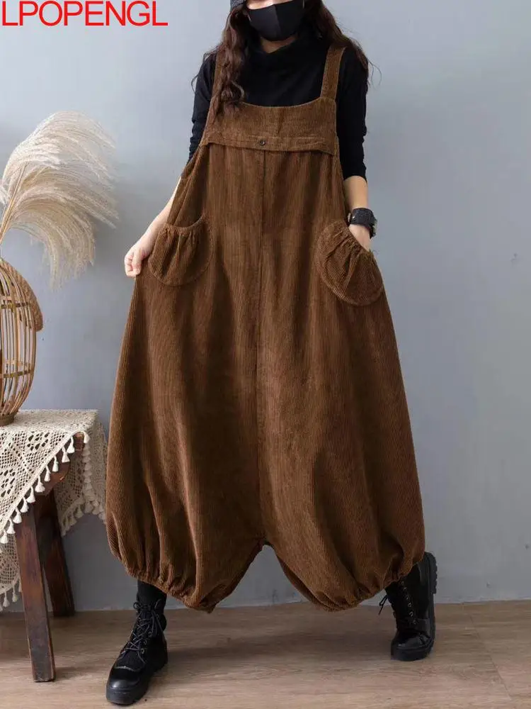 Herfst En Winter Nieuwe Effen Kleur Corduroy Oversized Overalls Vrouwen Losse Casual Bloeier Wijde Pijpen Broek Een Stuk broek Trend