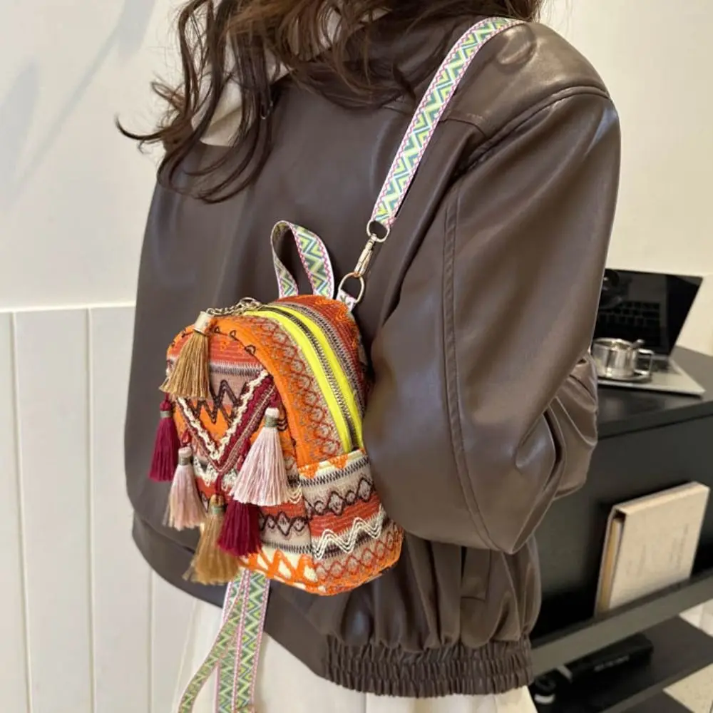 التطريز العرقية نمط شرابة على ظهره حقيبة مدرسية صغيرة شريط قماش شرابة حقيبة كتف حقيبة التخزين سعة كبيرة