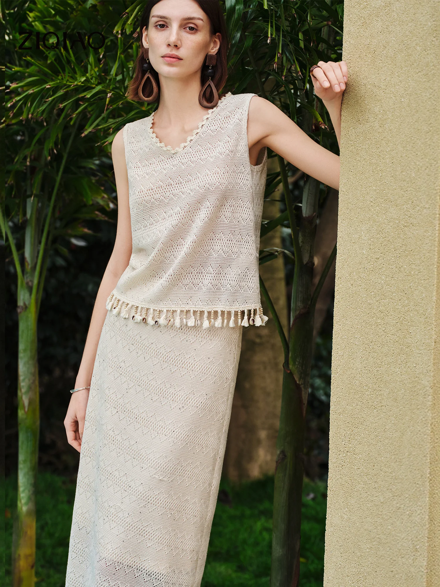 

ZIQIAO Women's Boho Vacation Style Sleeveless Crochet Knit Two-Piece Dress | 2026 Summer New Arrival High Waist Long Skirt Set