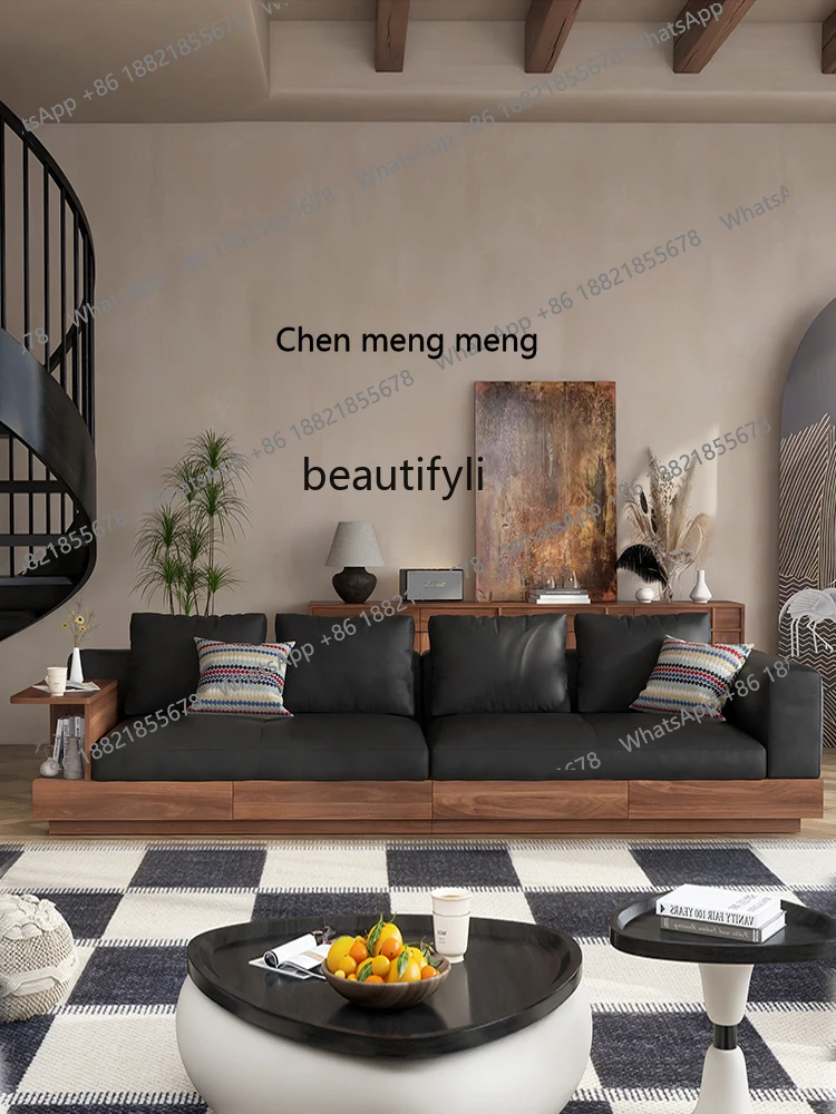 

New Genuine Leather Sofa Walnut Color Retro Straight Row Living Room Modern Solid Wood Sofa