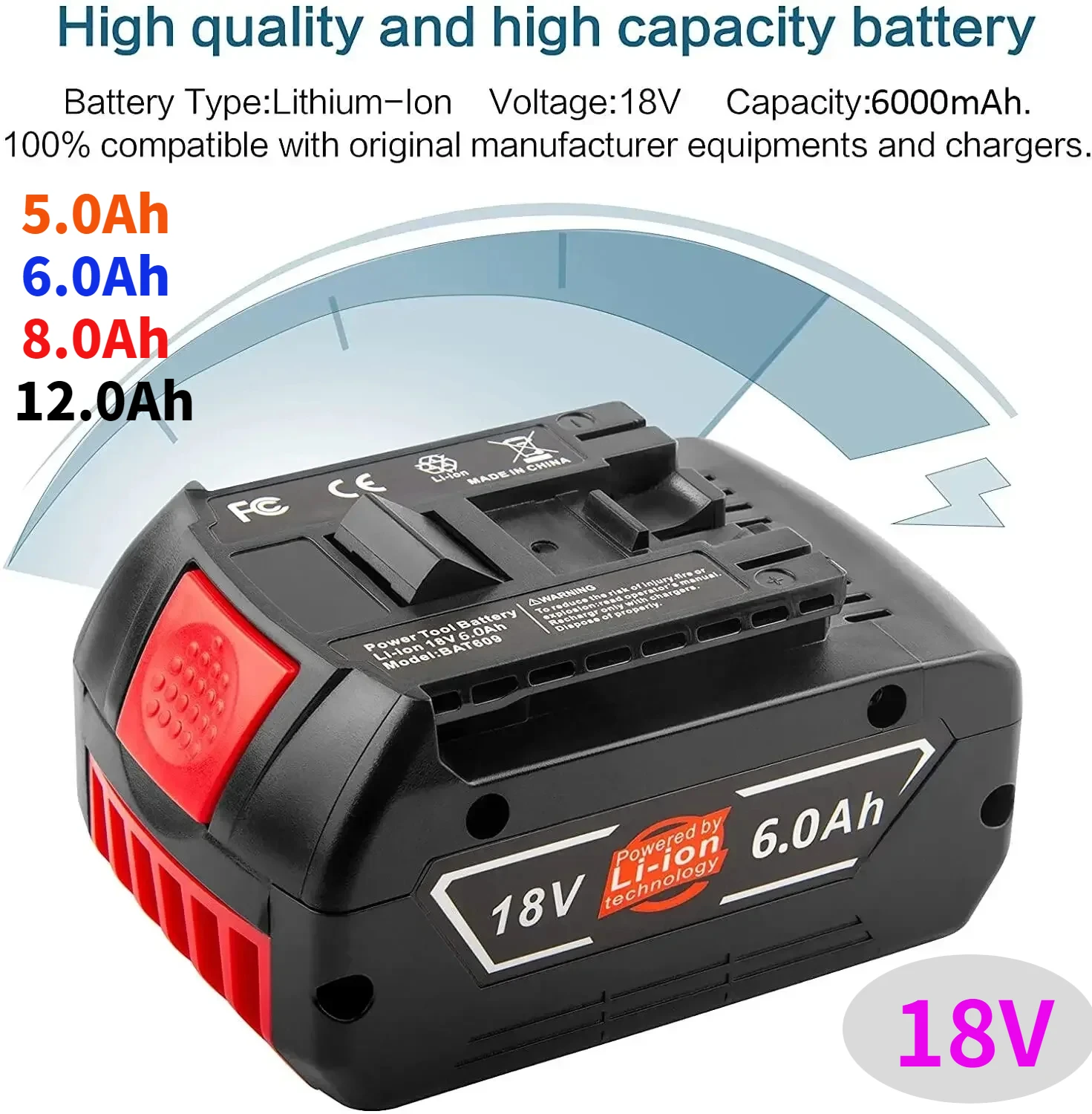 

New 18V Battery 6.0Ah forBosch Electric Drill 18V 6000mAh Rechargeable Li-ion Battery BAT609, BAT609G, BAT618, BAT618G, BAT614