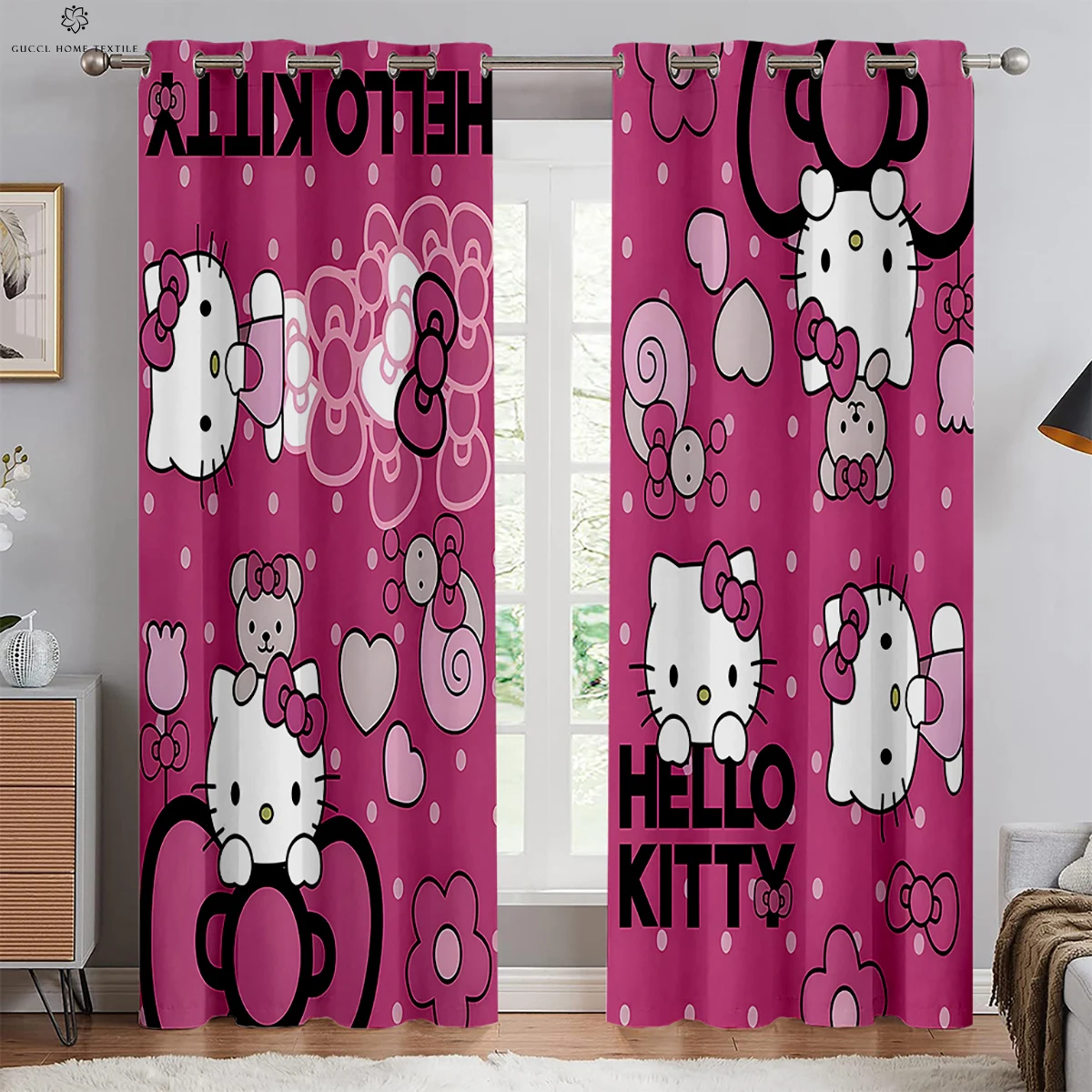 Window Curtains Pink Cute Cartoon Print Curtains Children\'s Room Rod Pocket Curtains Bedroom Living Room Study Kitchen Curtains