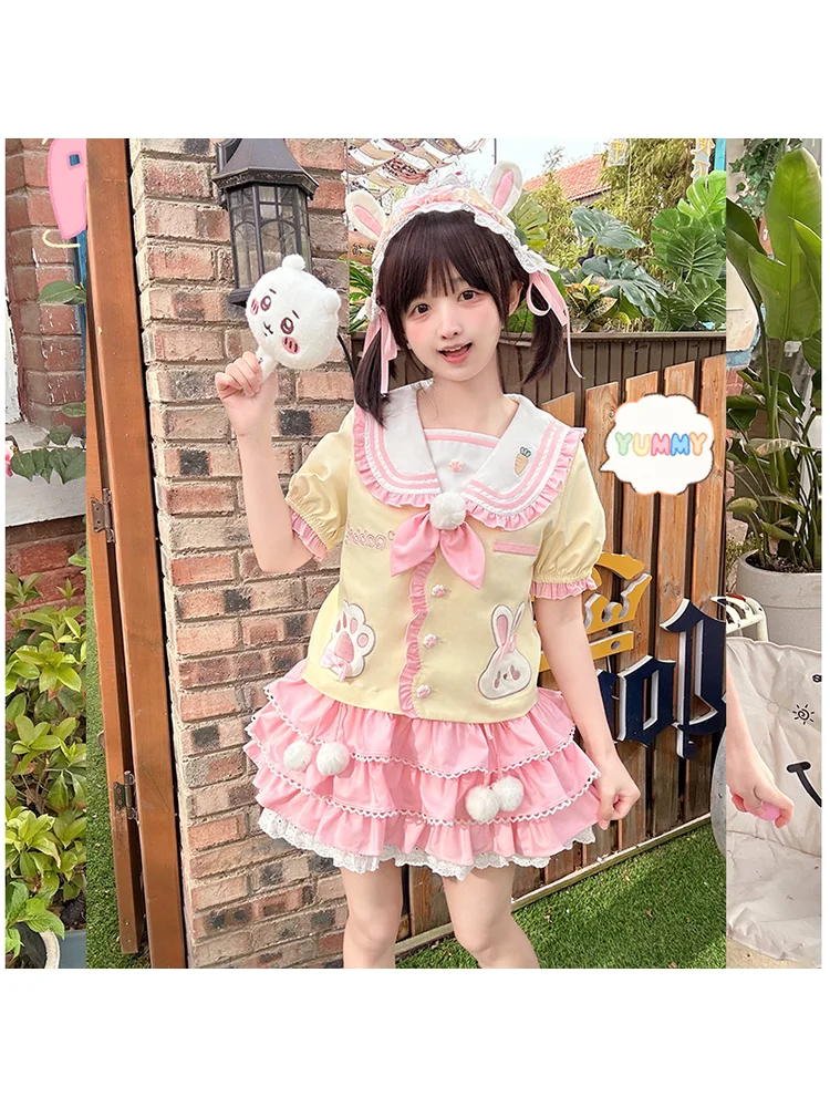 

Original Sweetheart Cute Rabbit Kindergarten Top Half Skirt Set Lolita Sweet Cute Soft Girl Sailor Dress Academy Style Set