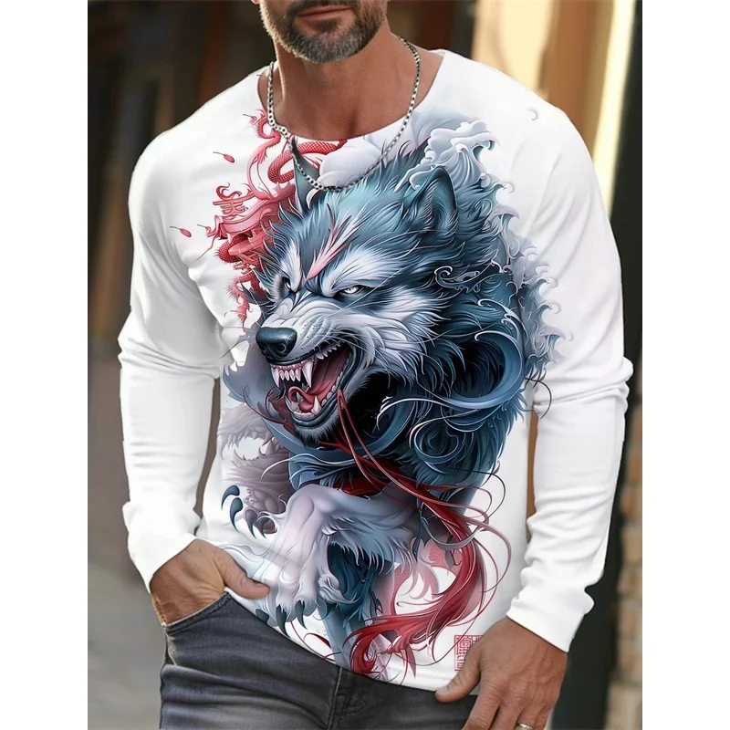 2026 new men's Ukiyoe long-sleeved T-shirt 3d printed high-definition wolf print men's autumn top casual round neck T-shirt