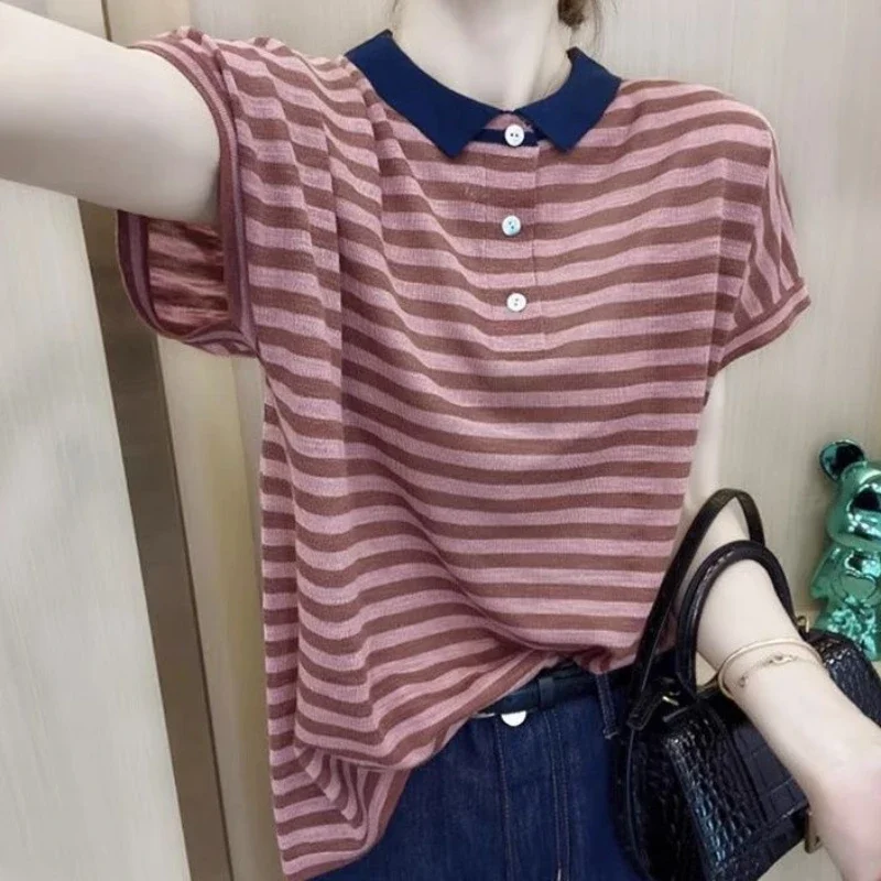 Women's Polo Shirts Baggy Button Striped T-shirts on Offer New Female Tee Fashion 2024 Korean Clothing Y2k Youthful Clothes Tops