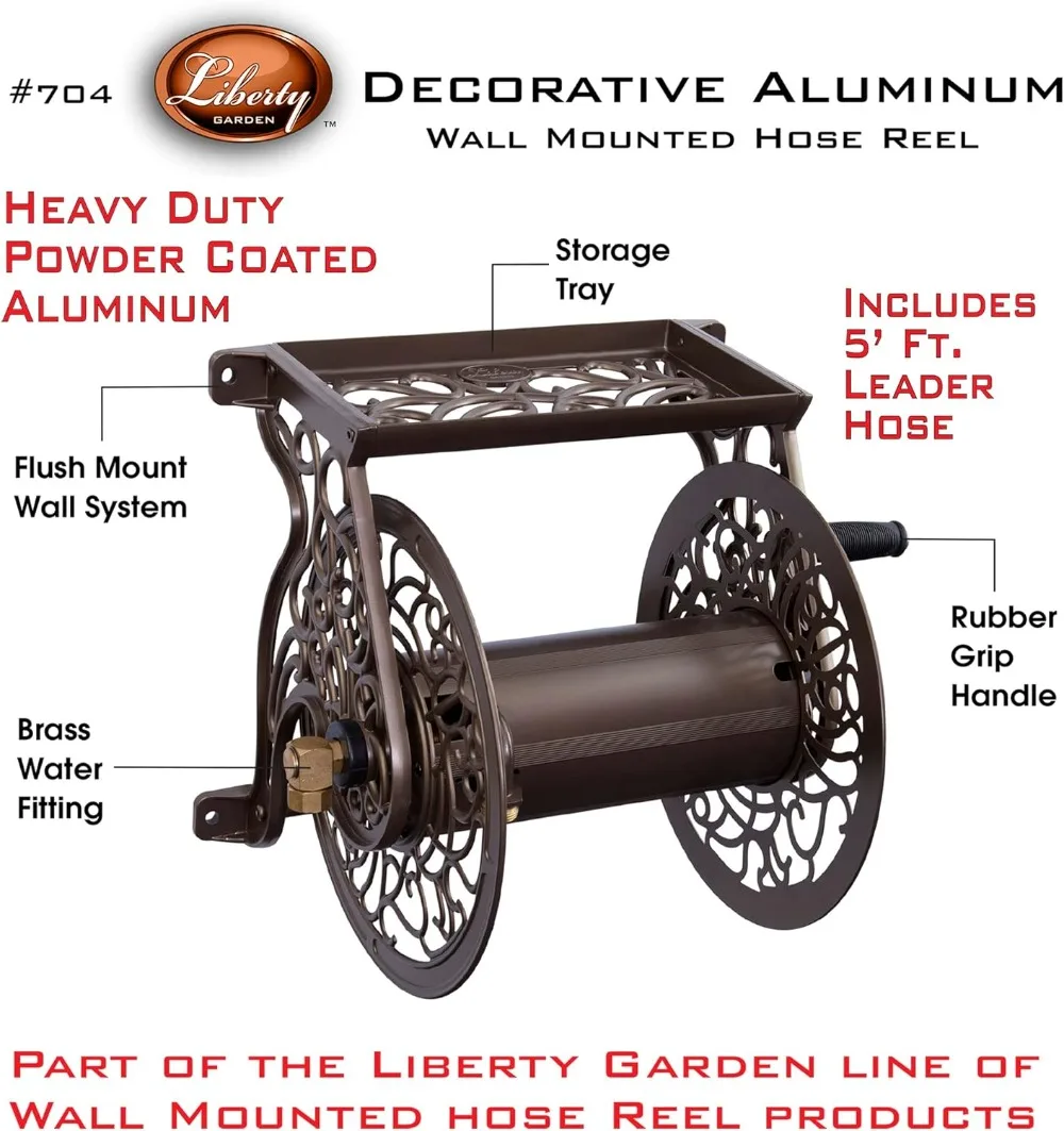 Liberty GARDEN 704 Decorative Cast Aluminum Wall Mount Garden Hose Reel, Holds 125-Feet of 5/8-Inch Hose