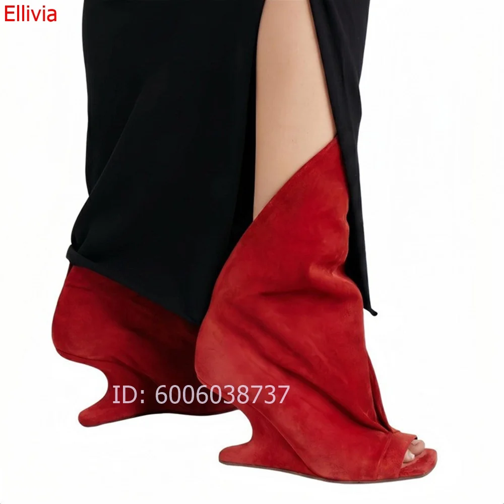 Women Unique Sculptural Hollow Heel Peep Toe Tall Boots Black Leather Fold Over Cuff Avant Garde Runway Party Fashion Booties