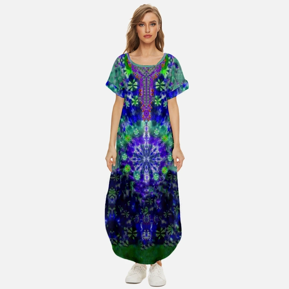 

Women Maxi Dresses Summer Casual Loose Party Dresses Vintage Tie Dye Printed Short-sleeved Hem Irregular Round Neck Dress