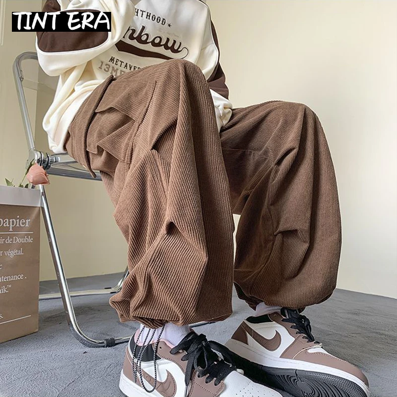 TINT ERA Corduroy Cargo Vintage Pants For Men Streetwear Cargo Trousers Male Joggers Hip Hop Green Black Japanese Pocket Korean