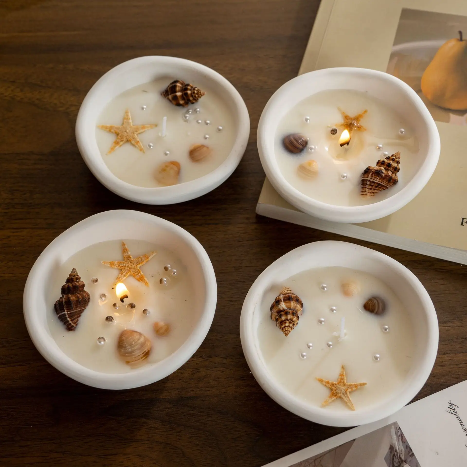 Coastal Starfish Gypsum Bowl Candle, Ocean Seashell Aroma Cup Beach Wedding Home Table Decor Gift