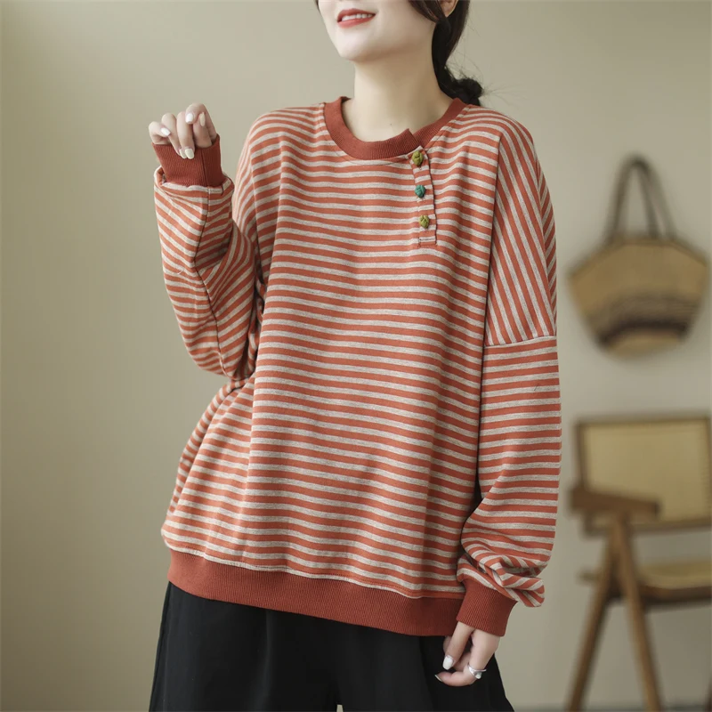 Tamanho grande listrado abotoado moletom feminino primavera outono 2025 moda solta casual pulôver simples manga comprida em torno do pescoço topo