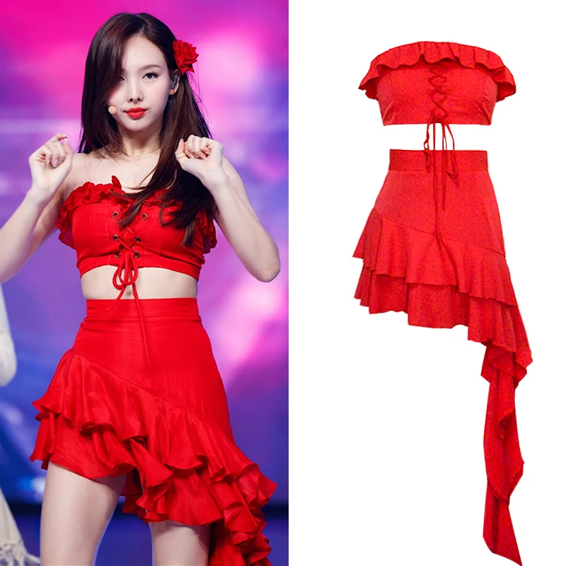 

Korean Women Group Jazz Dance Costume Red Vest Irregular Lotus Leaf Skirt New Hip Hop Dance Outfits Pole Dance Clothing DWY7641