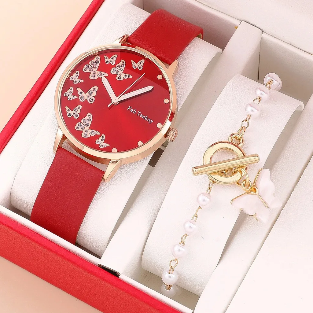 2pcs/set fashion Butterfly pattern rhinestone pu leather women wrist watch