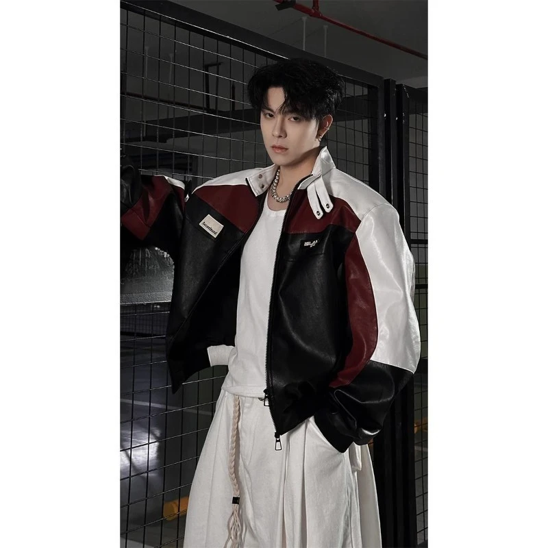 

Autumn New Top New Versatile Retro Fashion Contrasting Color Splicing Stand-up Collar Versatile Locomotive Jacket Leather Jacket