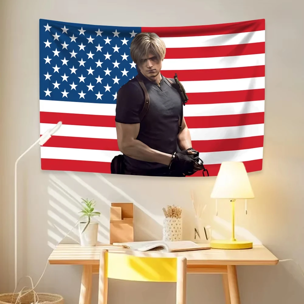 Leon Kennedys Wandteppich mit amerikanischer Flagge, Hippie, dekorativer Wandteppich, Raumdekoration, Heimdekoration, Wohnheim, Wandbehang, Hintergrund