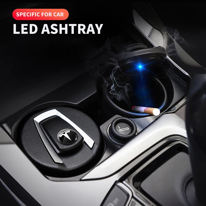 Car Ashtray with LED Light Cigarette Cigar For Tesla Emblem Model S Model X Model 3 Roadster Cybertuck Car Styling Accessories