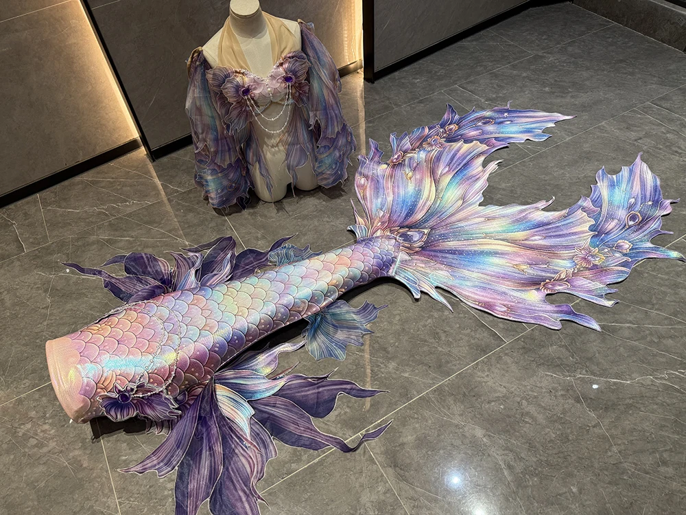 Exquisite Mermaid Floating Veil Tail Mermaid Princess Underwater Performance Suit, Aquarium Diving Training Fish Tail Swimsuit