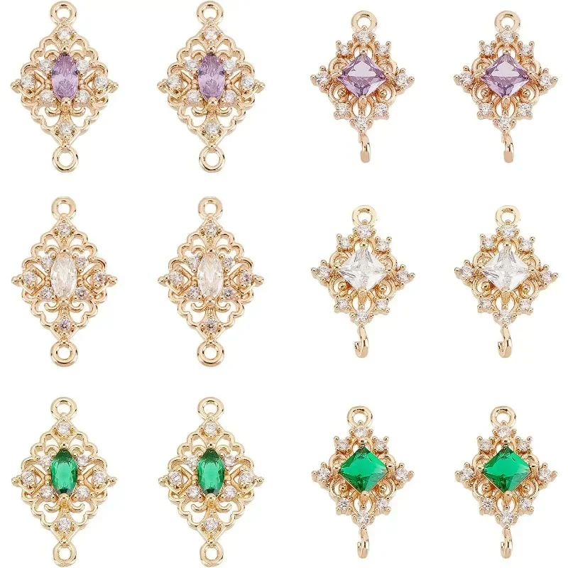 

12 Pcs Cubic Zirconia Link Connectors 6 Styles Rhombus Brass Micro Pave CZ Stone Connector Charms Eternity Space Pendant
