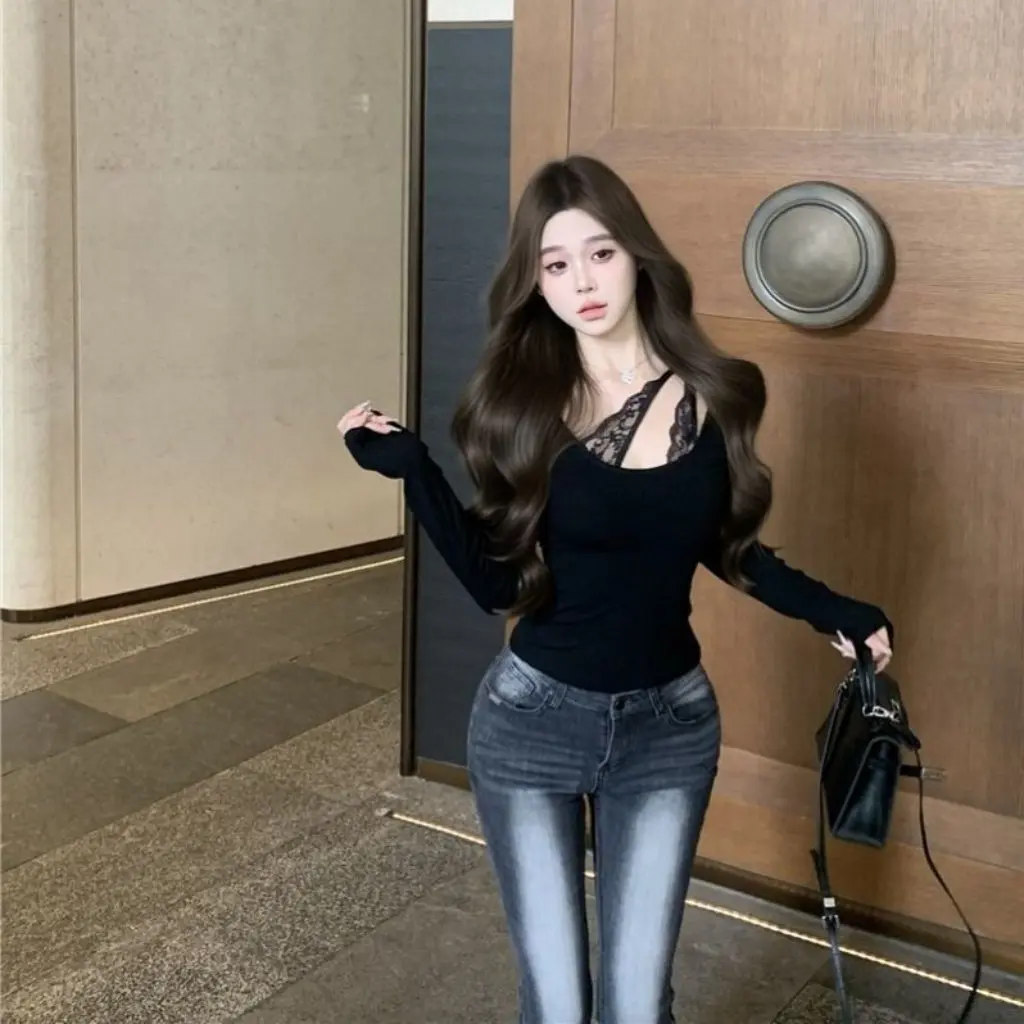 

Pure Spice Girl Sexy Lace Stitching Base Shirt for Women Slim-fit High-end Inner Autumn Winter Top Exquisite T-shirt