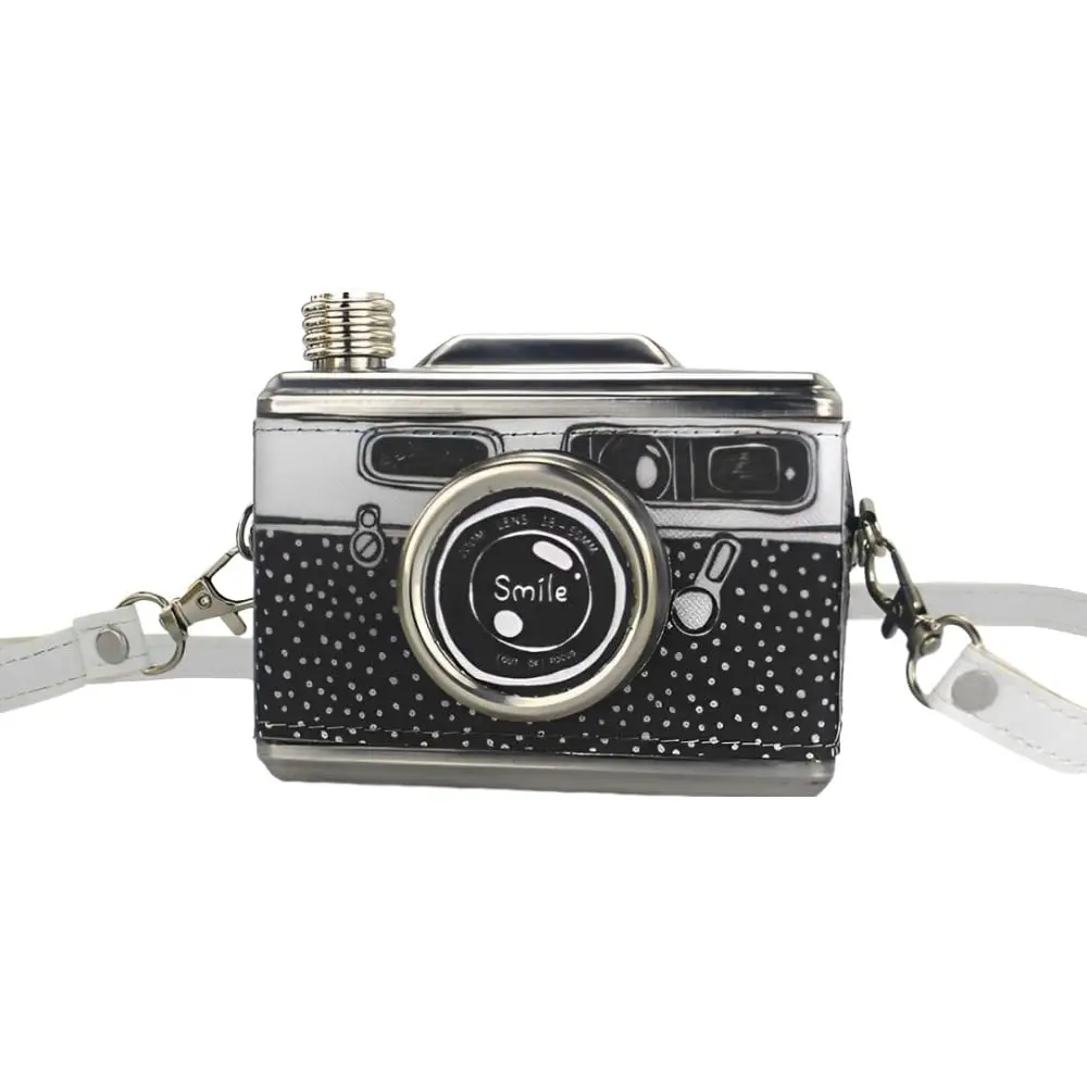 

11 унций креативная фляга для камеры, портативная фляга для спирта из нержавеющей стали с воронкой и ремешком, герметичная для питья на открытом воздухе