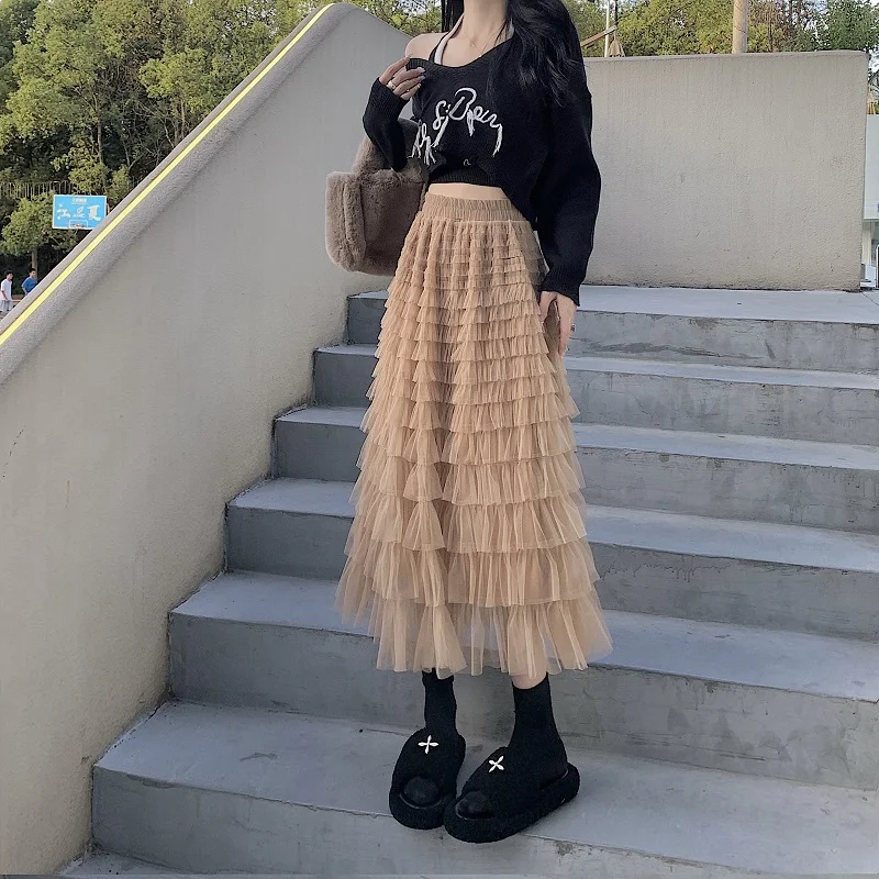 

Black Chic Long Cake A-line Skirt for Student Y2k Korean Fashion Clothes Women Pink Khaki Long Skirts Summer 2023 Midi Skirts