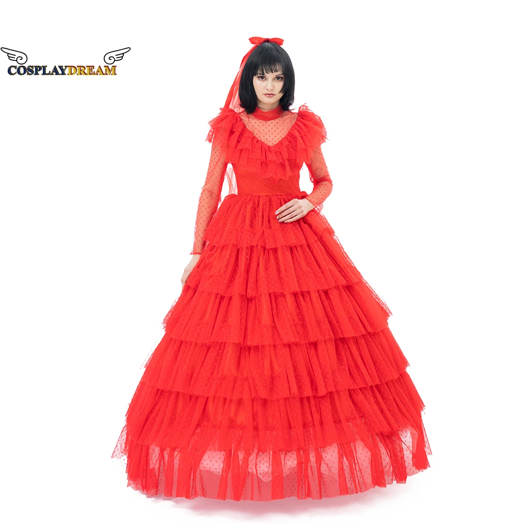 Lydia Deetz Cosplay Costume Lydia Deetz Gothic Red Wedding Dress Costume for Halloween with Headdress