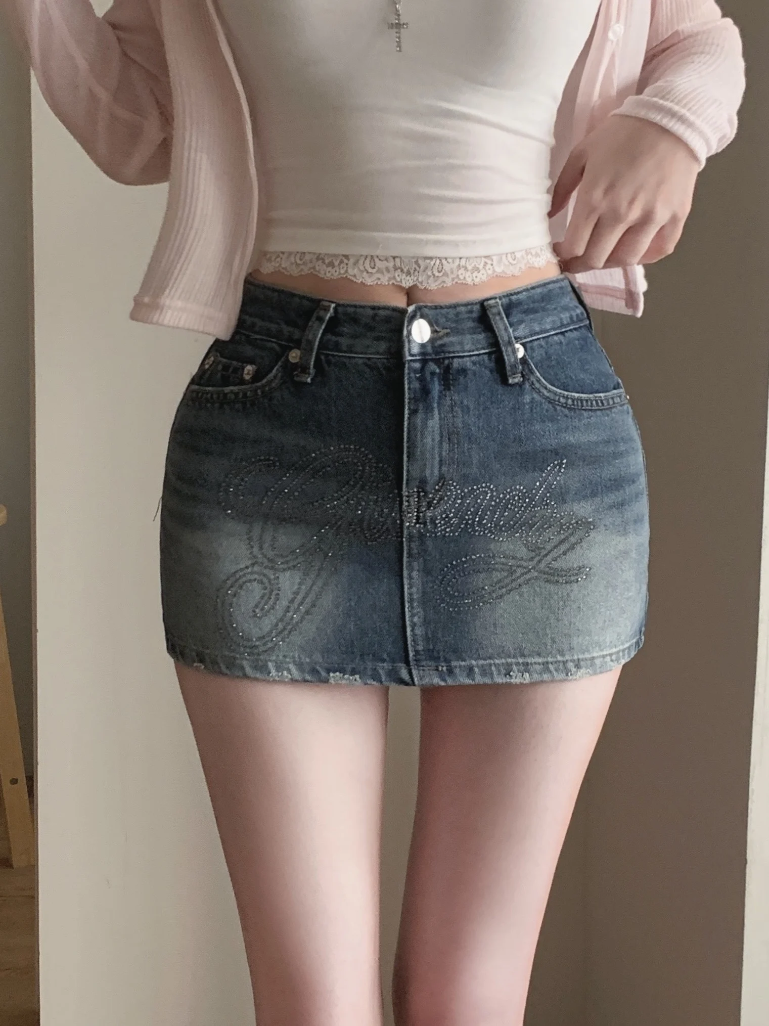 Gonna in denim a vita bassa con strass Gonna a trapezio elastica dimagrante Vintage Waed Sle Faion Summer Dr