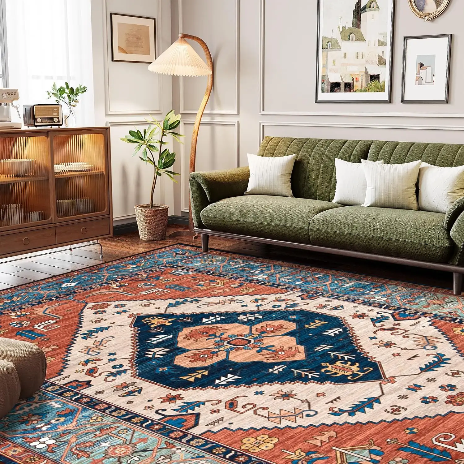 Extra Large 9x12 Rust Oriental Boho Washable Area Rug Non Slip Stain Resistant Indoor Carpet for Bedroom Dining Room