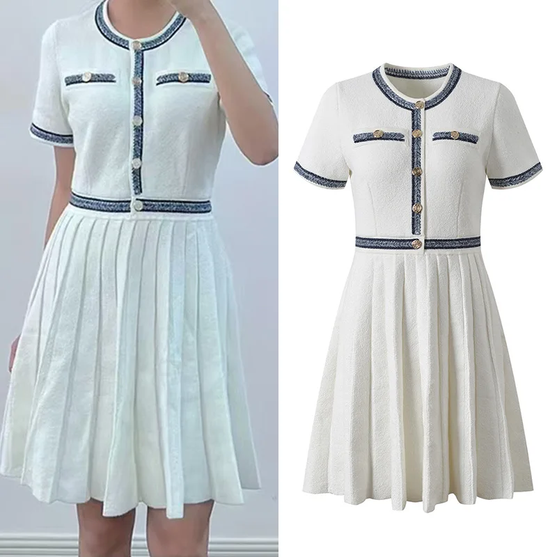 

Short-sleeved Pleated Dress with Fashionable Waist-hugging and Slimming Age-reducing Round Neck 2025 Summer New Style Clothes