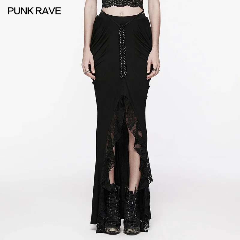 

PUNK RAVE Women's Gothic Knitted Fabric and Lace Half Skirt Hip Side Pleats Designed Slim Sexy Party Club Black Long Skirts